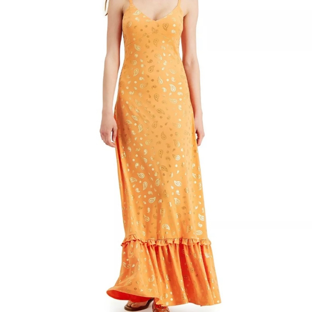NWT $125 MICHAEL Michael Kors Metallic Print Maxi Dress Nectarine Gold Size M